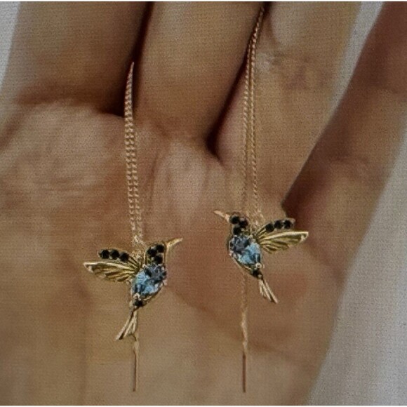 Jewelry - Gold Tone Bird Dangle Drop Earrings Threader Blue Crystal Animal Jewelry